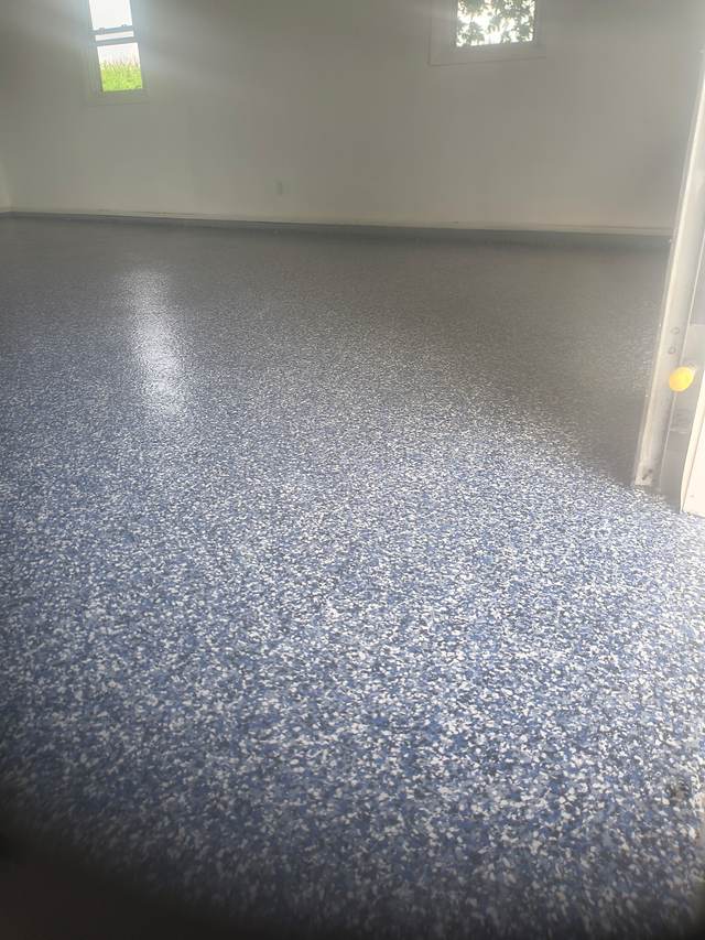 Blue and gray flake epoxy garage floor coating