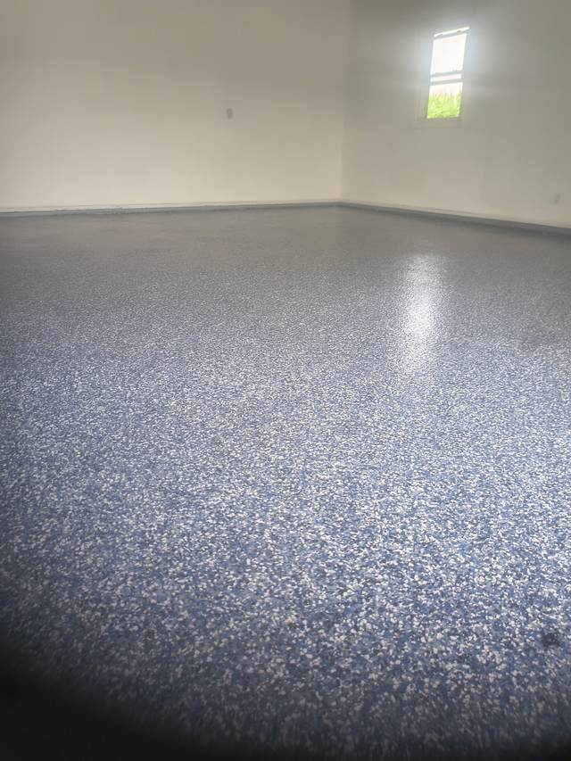 Blue and gray flake epoxy garage floor coating, alternate angle